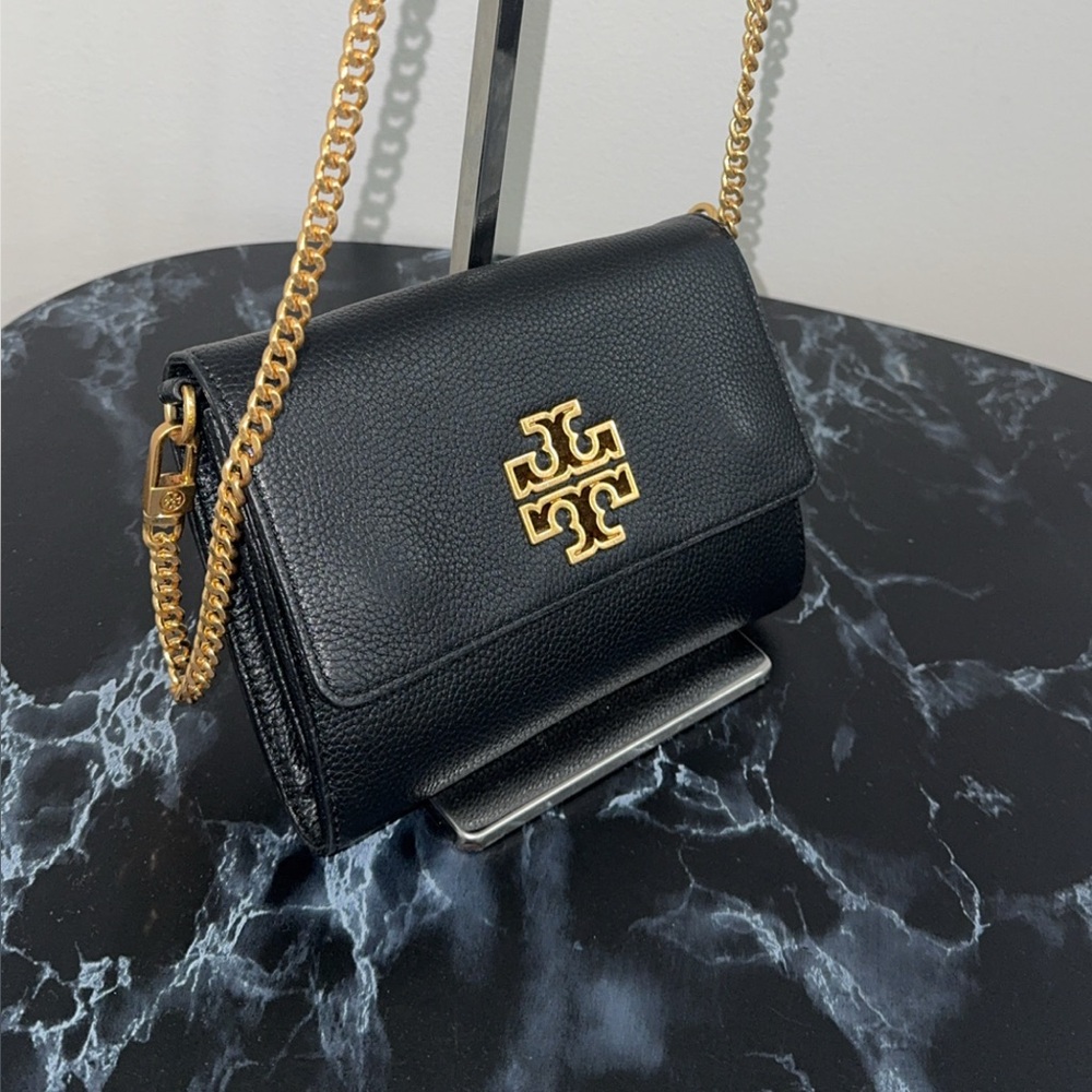 TORY BURCH Britten Chain Wallet Black Leather Bag AUTHENTIC - LIKE NEW - Picture 3 of 10
